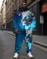 Big Men's Street Fashion Blue Lion K Letter Print Hoodie Set